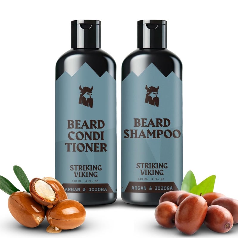 Striking Viking Beard Shampoo and Conditioner Set â€“ 4 Fl Oz Each, Fresh Masculine Scent - Beard Wash and Conditioner for Men - Cleanses & Softens, with Argan & Jojoba Oil - Sulfate & Paraben Free - Image 1